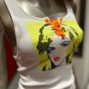 ⚡️DEBBIE HARRY graffiti soft distressed lace-up keyhole ribbed tank top M